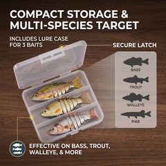 Fishing Lure #15 Premium Multi Jointed Swimbait Set - 3pc Segmented Lifelike Bait Kit with Case