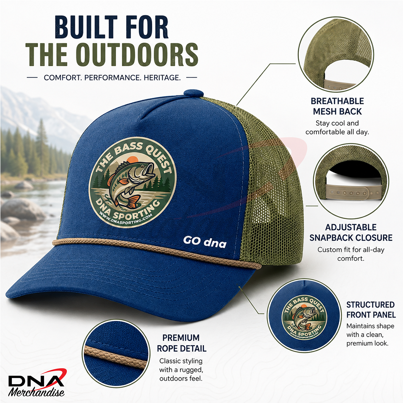 Classic Trucker Hat Navy Olive Khaki Mesh Snapback Bass Quest