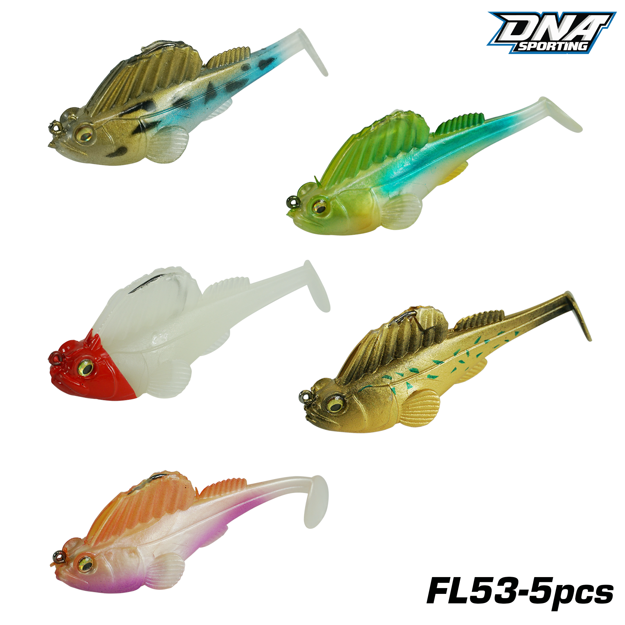 Fishing Lure #53 5PCS Soft Plastic Swimbait Fishing Lures Pre-Weighted PVC Bait Set with Hooks for Bass Trout Freshwater